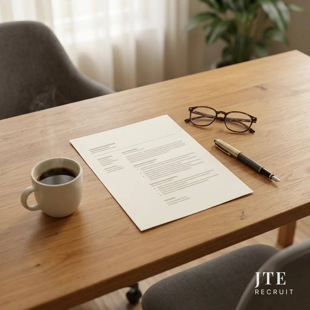 A printed résumé, reading glasses and a coffee on a wooden desk