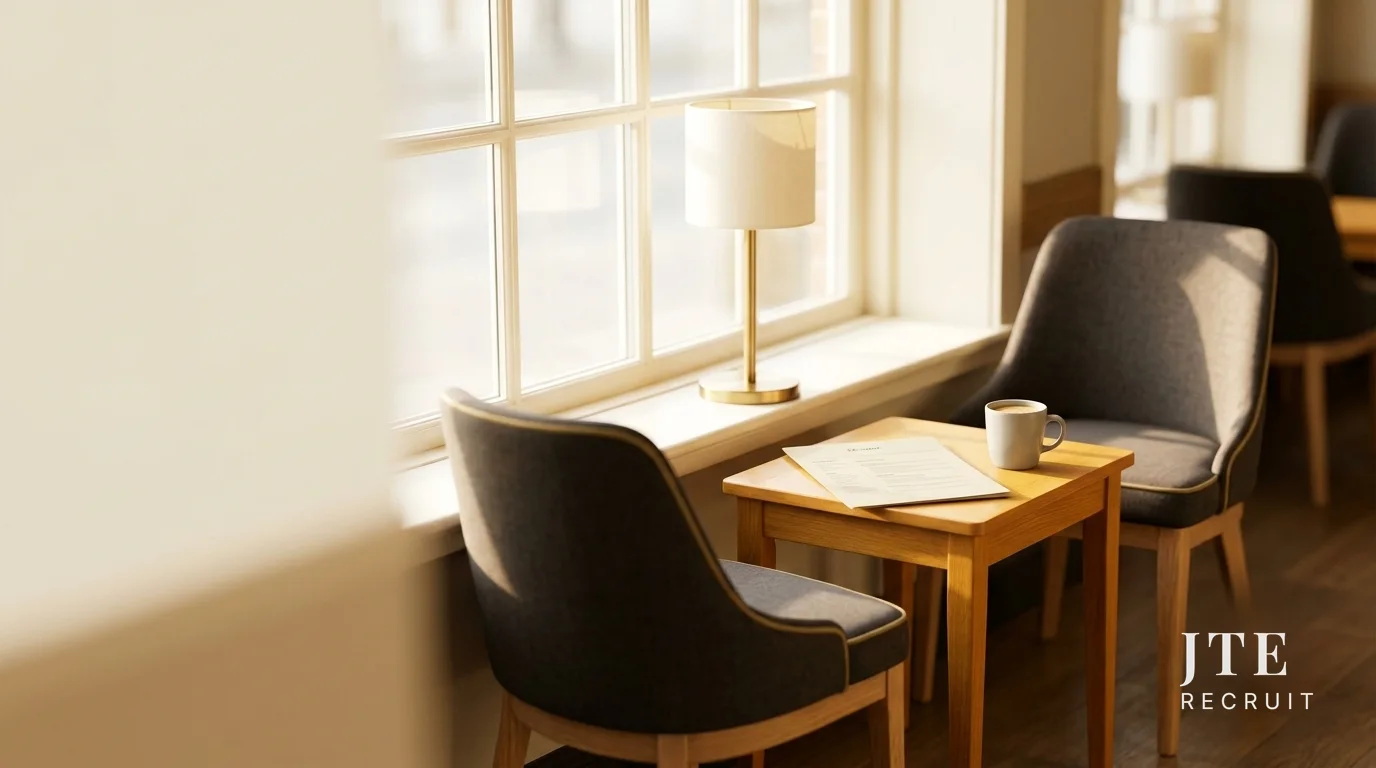 Two empty chairs at a small table by a window, set for a hiring conversation