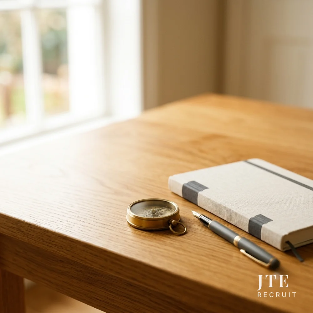 A brass compass and a closed notebook on a desk by a window