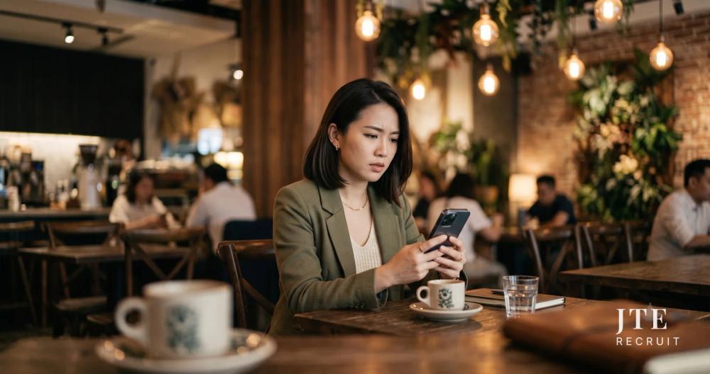 A job seeker studies a message on her phone in a café